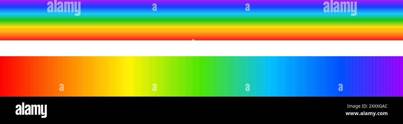 Linee dello spettro luminoso visibili. Colori ultravioletti alla luce solare in posizione orizzontale e verticale. Lunghezze d'onda multicolore. Bordi con stampa arcobaleno colorata. Illustrazione grafica vettoriale. Illustrazione Vettoriale