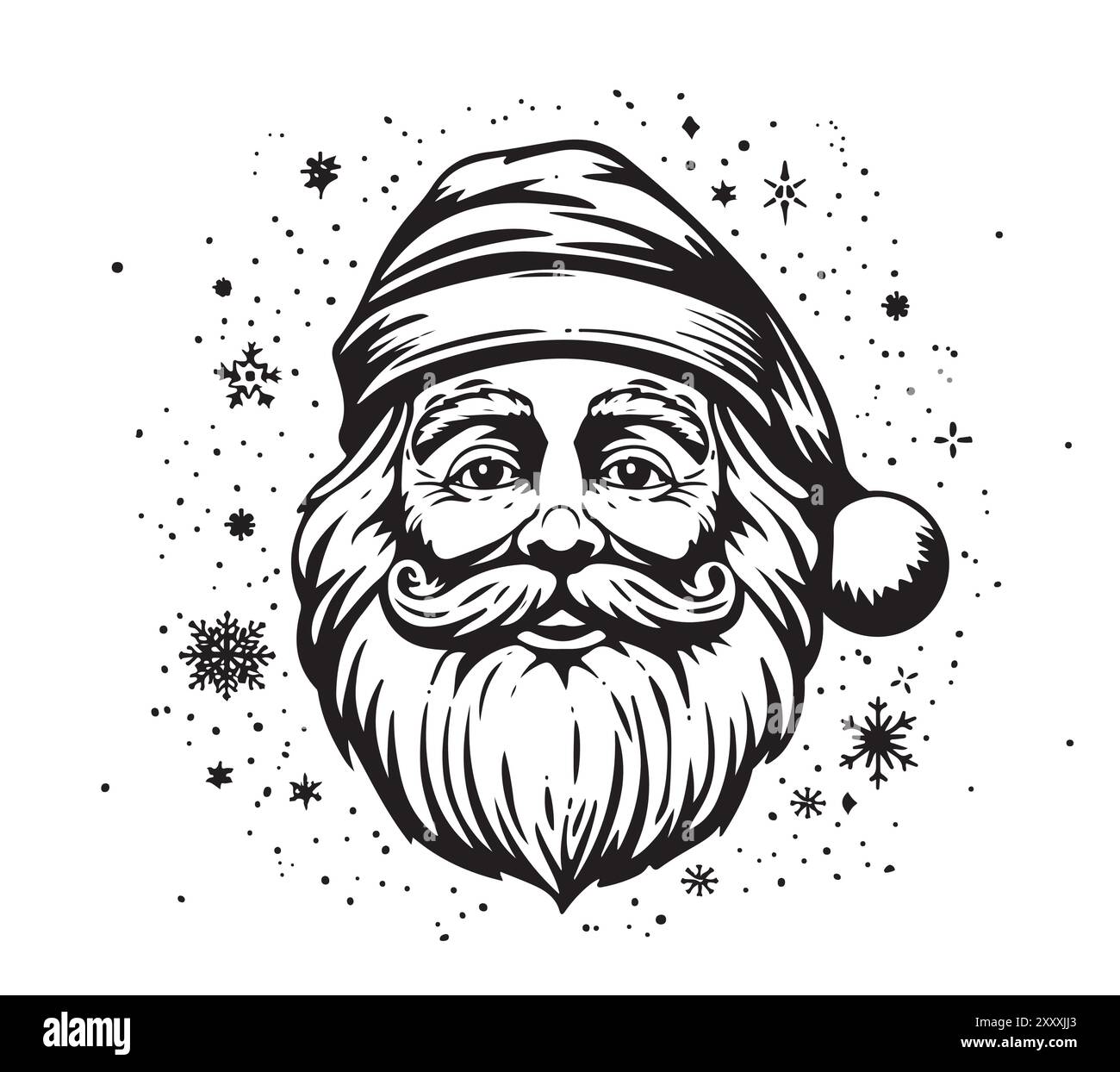 Ritratto di un carino Babbo Natale in un cappello di Natale . Illustrazione vettoriale in bianco e nero in stile di schizzo isolata su sfondo bianco. Libro da colorare, flat de Illustrazione Vettoriale