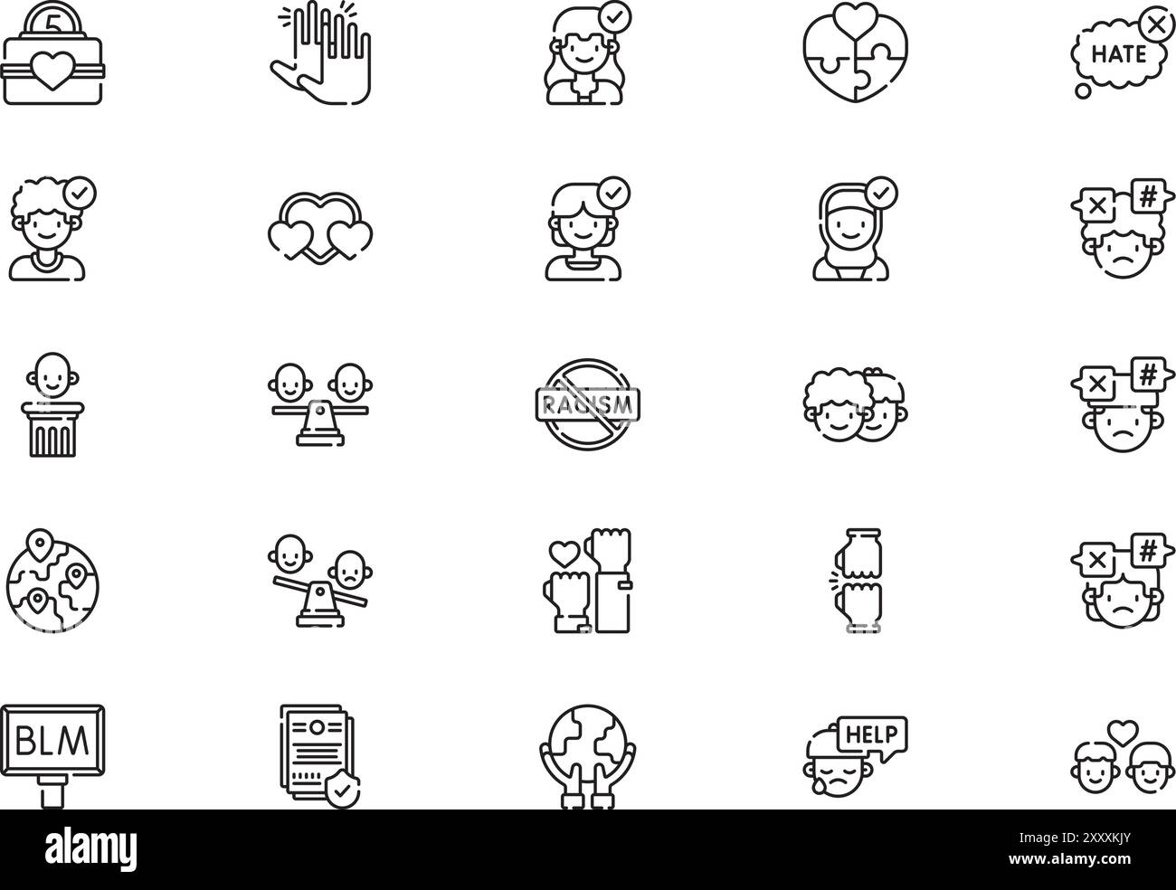 Nessuna raccolta di icone di razzismo è un'illustrazione vettoriale con tratto modificabile. Illustrazione Vettoriale