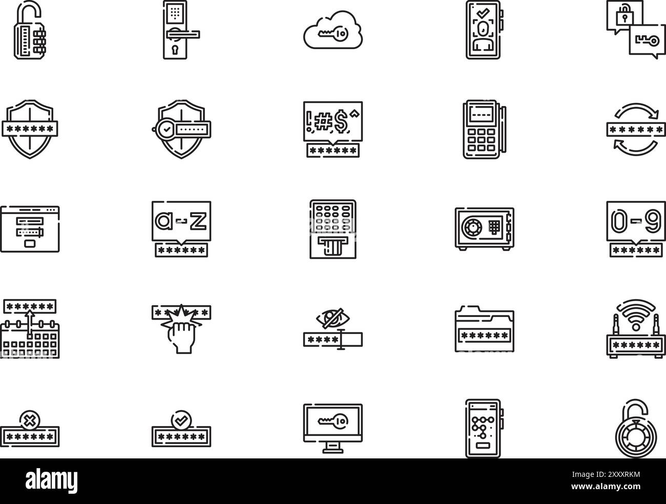 La raccolta di icone password è un'illustrazione vettoriale con tratto modificabile. Illustrazione Vettoriale