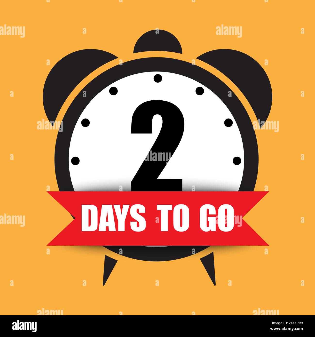 Illustrazione del timer del conto alla rovescia. Attenzione numero due. Testo in grassetto 2 giorni prima dell'inizio. Sfondo giallo brillante. Illustrazione Vettoriale