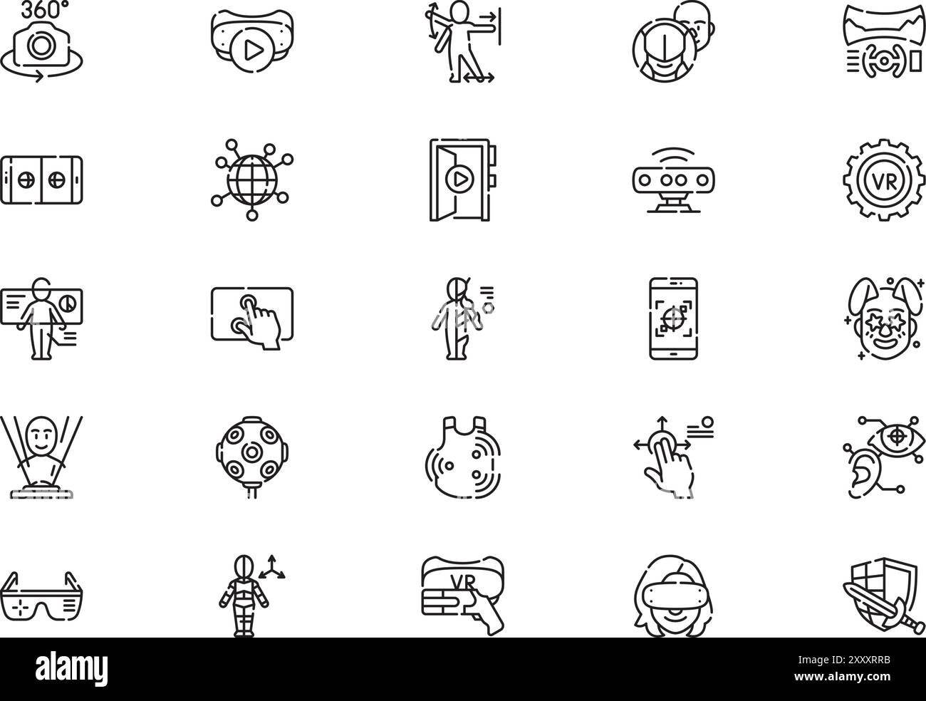 La raccolta di icone di realtà virtuale è un'illustrazione vettoriale con traccia modificabile. Illustrazione Vettoriale