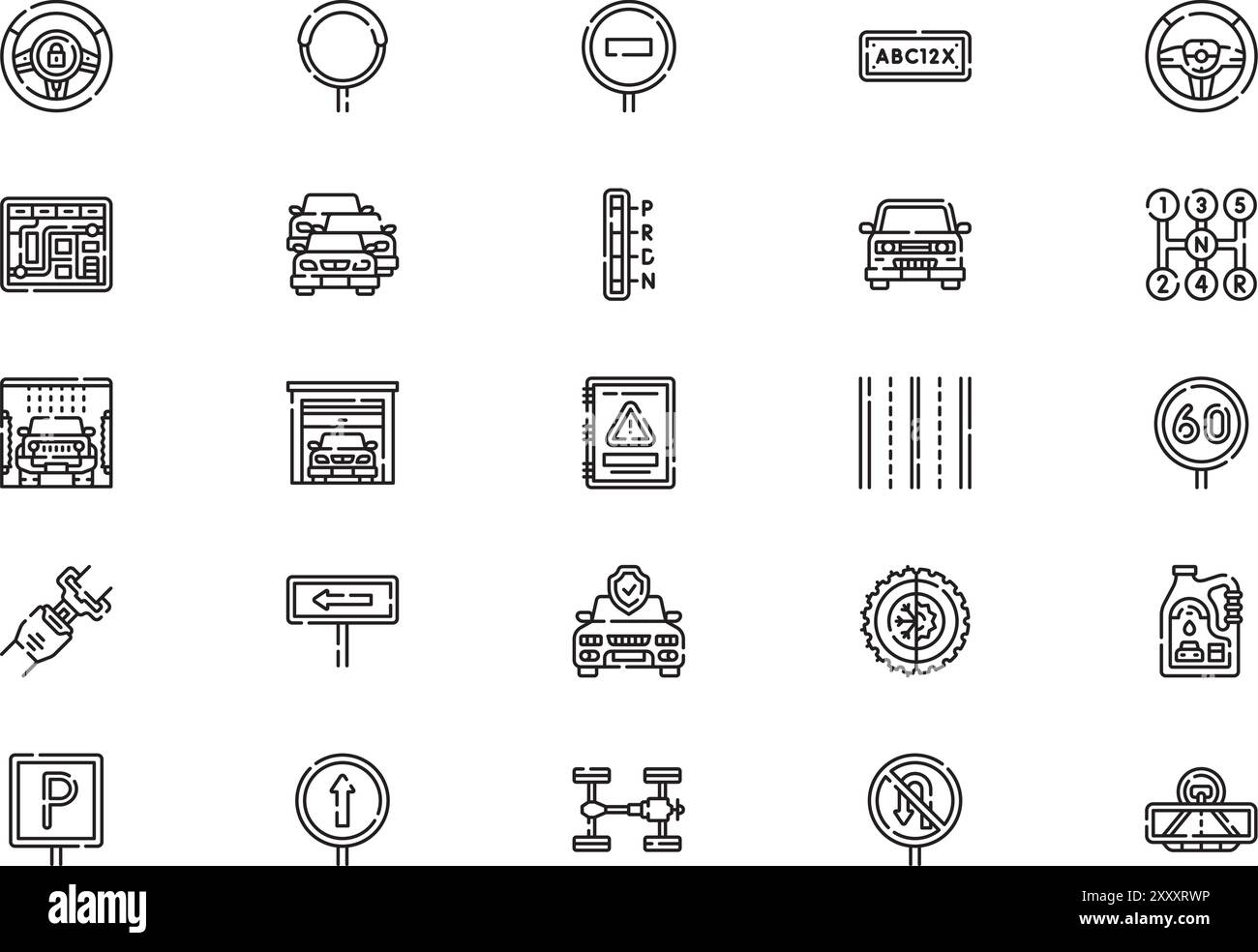 La raccolta di icone di guida e auto è un'illustrazione vettoriale con tratto modificabile. Illustrazione Vettoriale