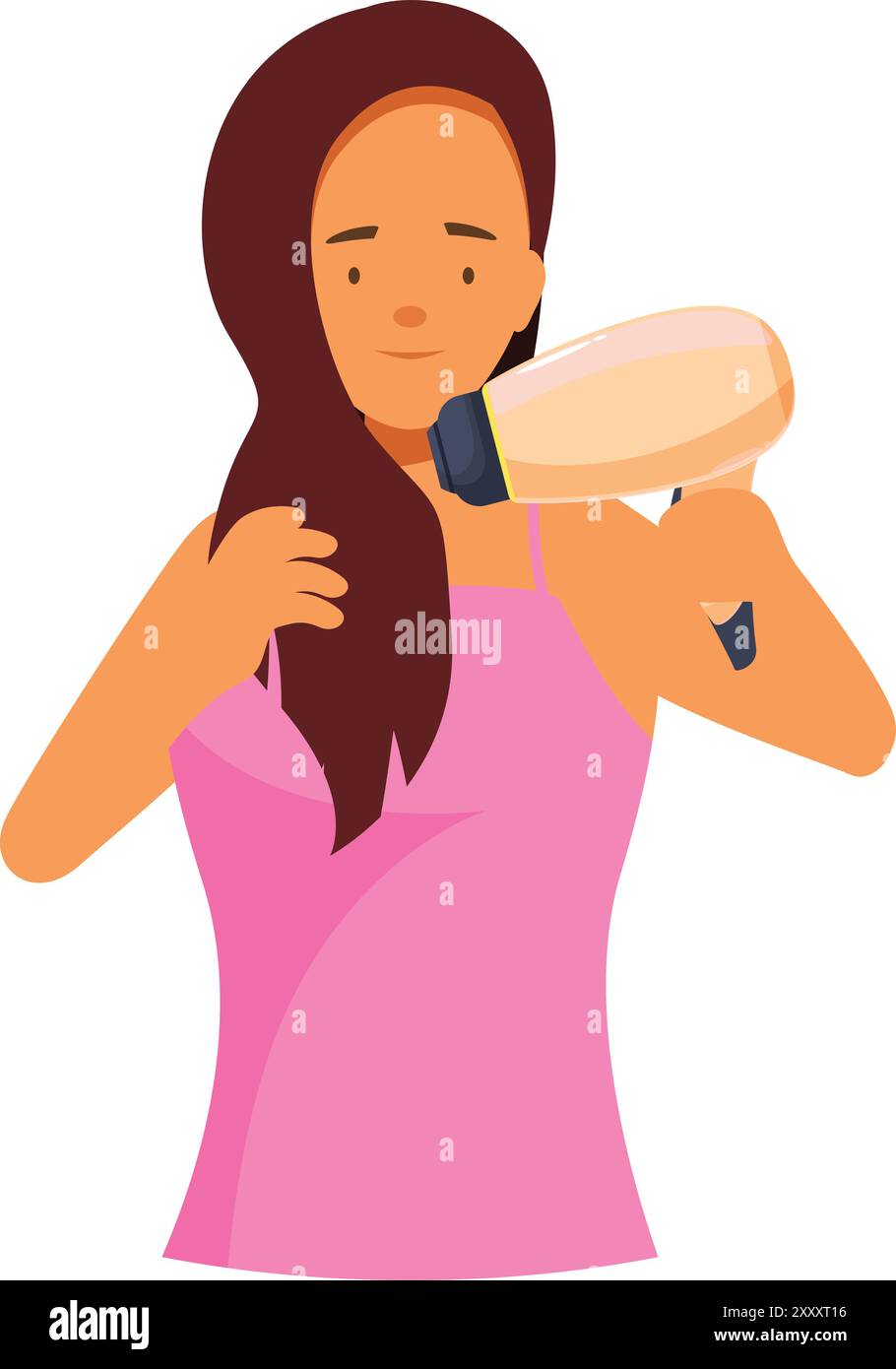 La giovane donna sta asciugando i suoi lunghi capelli dopo una doccia usando un asciugacapelli Illustrazione Vettoriale