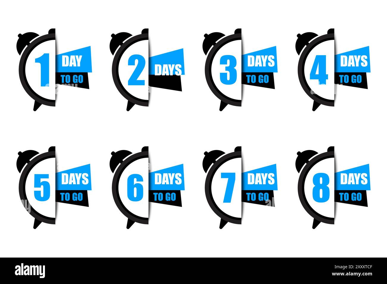 Illustrazione del timer per conto alla rovescia impostata. I numeri da uno a otto si concentrano. Testo "giorni in grassetto". Dettagli blu e nero su sfondo bianco. Illustrazione Vettoriale