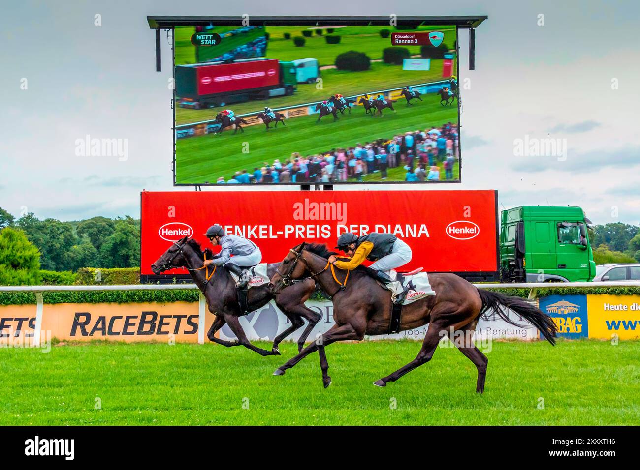 Impressione della corsa di cavalli "Henkel Preis der Diana" del 2024 a Düsseldorf, la seconda corsa di cavalli più ricca della Germania dopo il "Deutsches Derby" di Amburgo Foto Stock