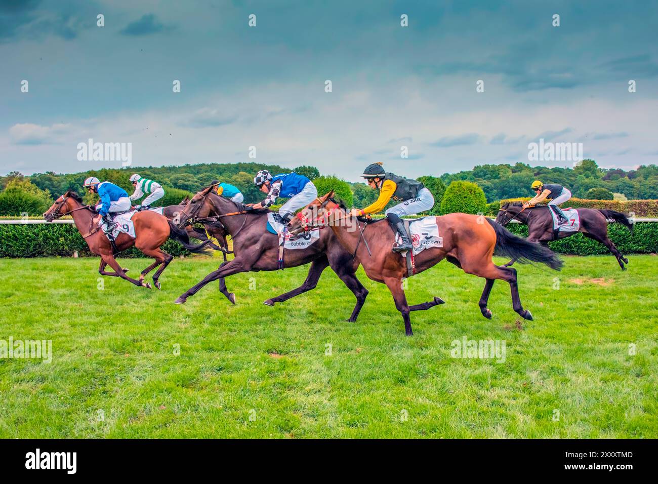 Impressione della corsa di cavalli "Henkel Preis der Diana" del 2024 a Düsseldorf, la seconda corsa di cavalli più ricca della Germania dopo il "Deutsches Derby" di Amburgo Foto Stock