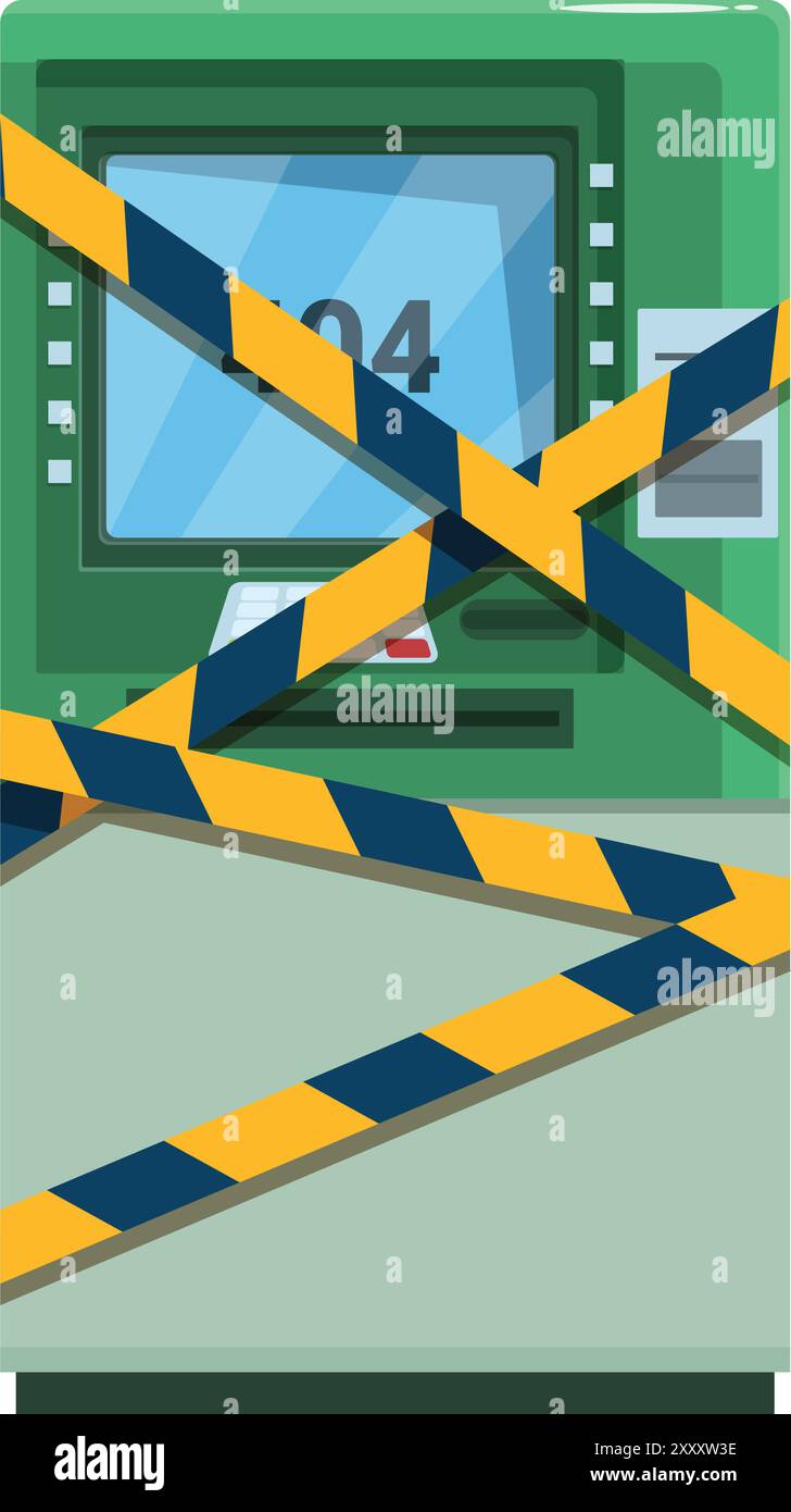 l'atm verde è avvolto in un nastro di avvertenza giallo e nero che mostra l'errore 404 sullo schermo Illustrazione Vettoriale