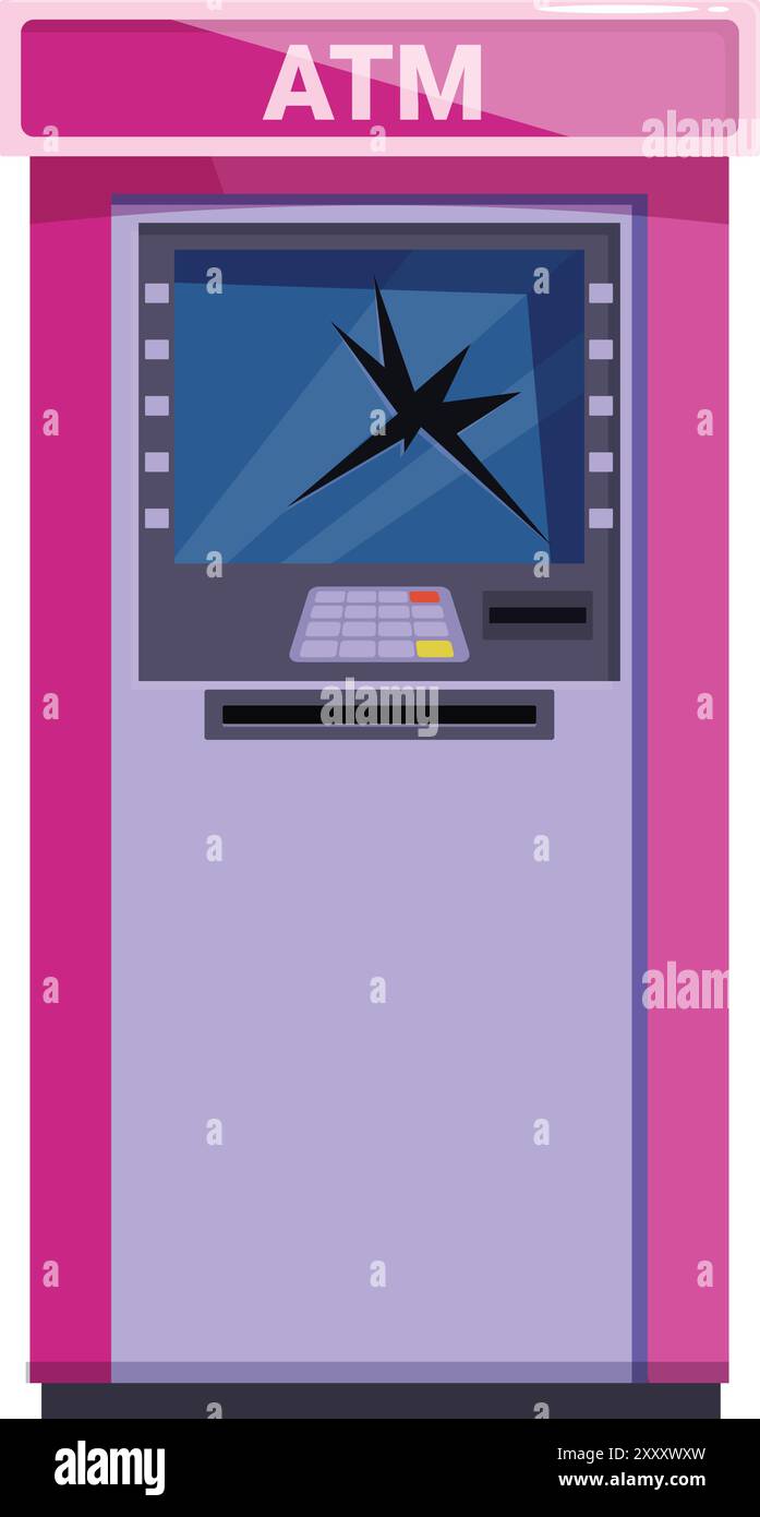 Bancomat con schermo rotto, che illustra i pericoli di atti vandalici e furti Illustrazione Vettoriale