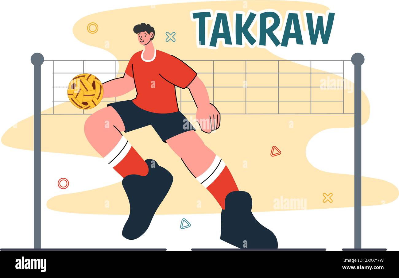 Sepak Takraw illustrazione vettoriale con l'atleta che calcia la palla su un campo durante una competizione sportiva sullo sfondo di un cartone animato in stile piatto Illustrazione Vettoriale