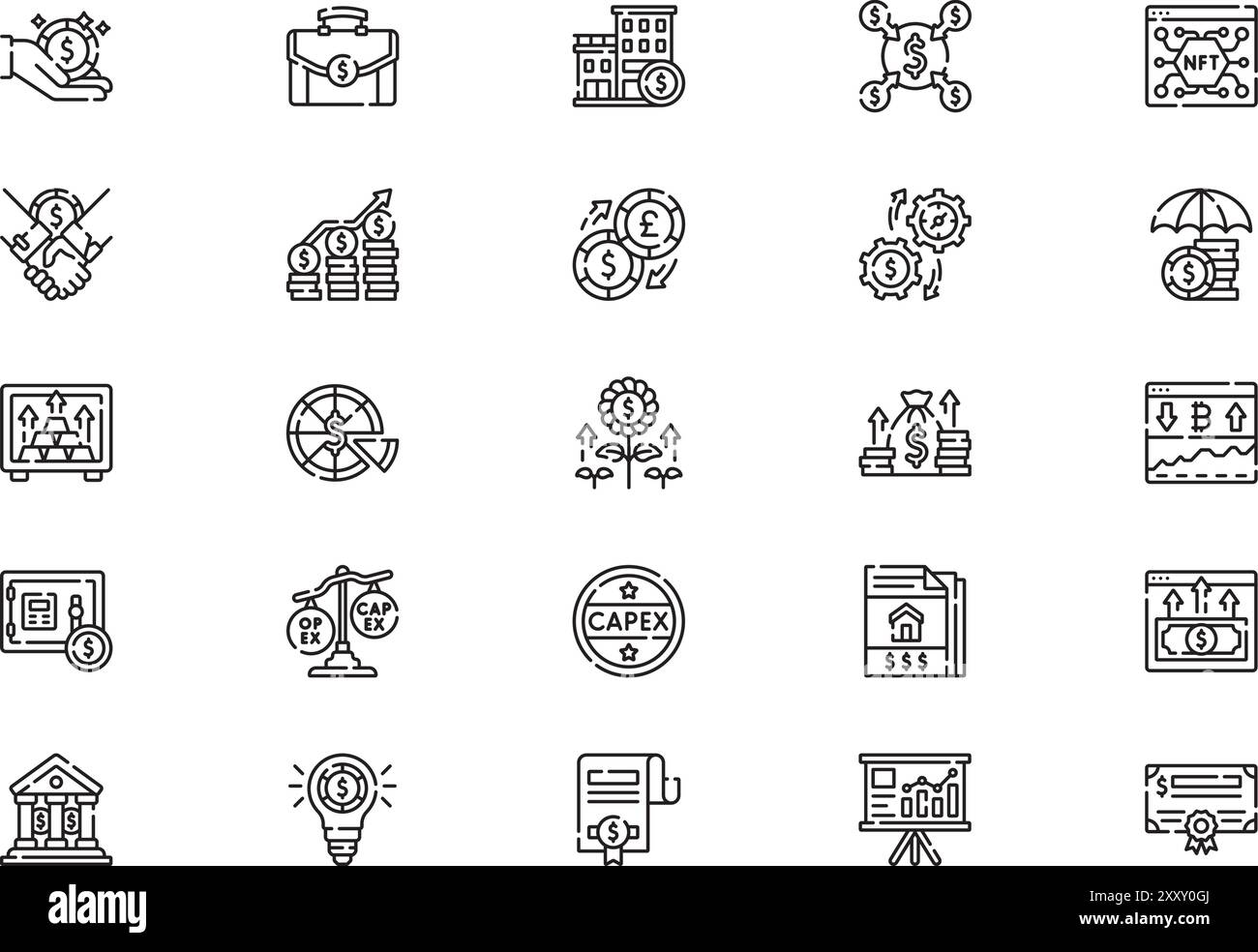 La raccolta di icone di investimento è un'illustrazione vettoriale con traccia modificabile. Illustrazione Vettoriale