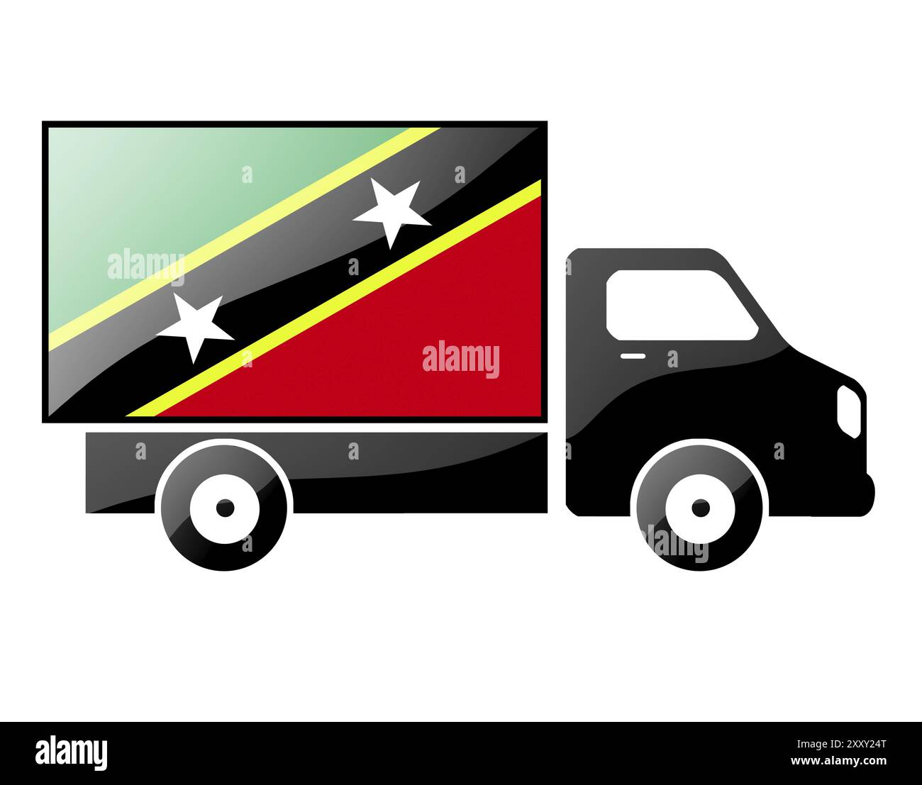 La bandiera di Saint Kitts e Nevis dipinta sulla silhouette di un camion. illustrazione lucida Foto Stock