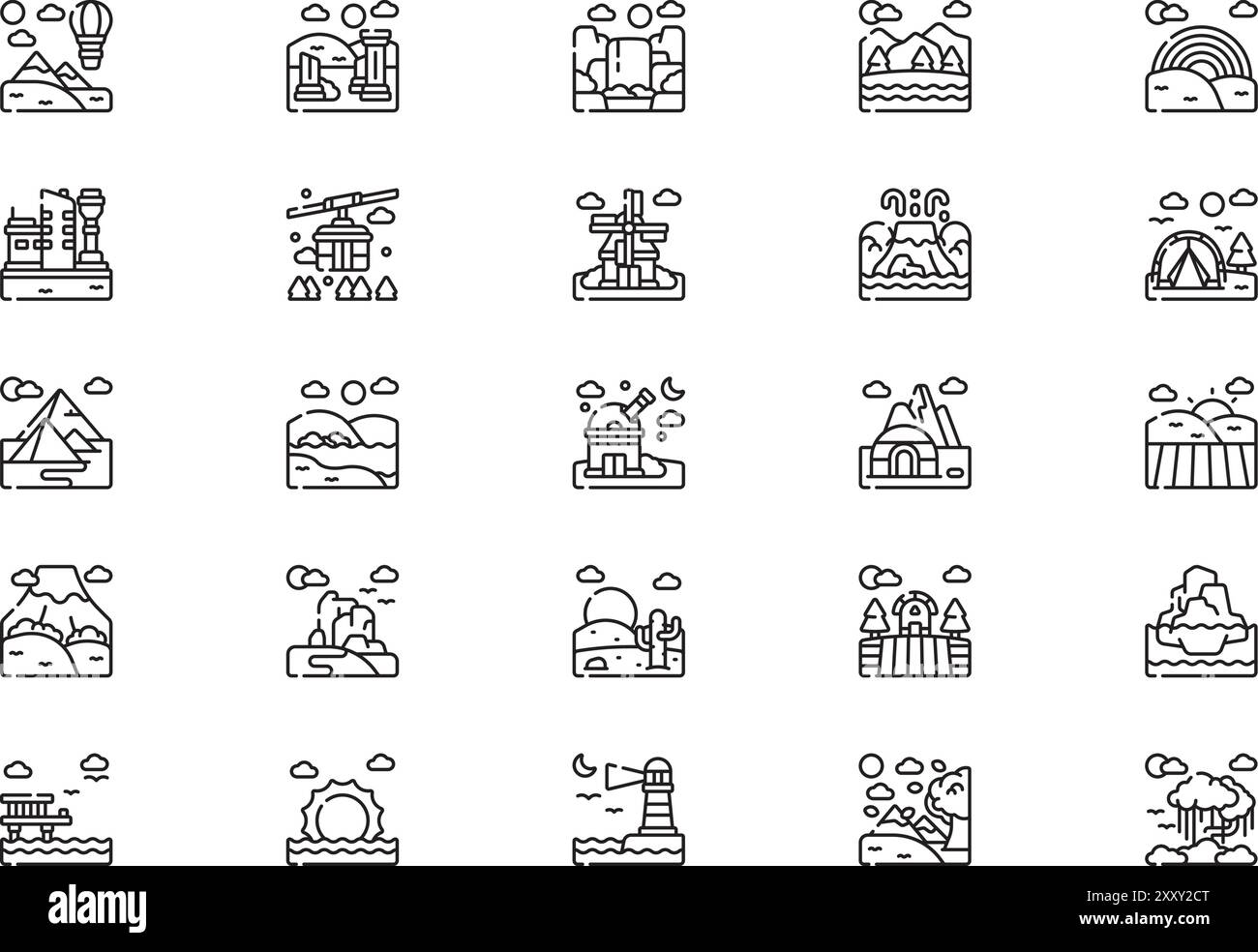 La raccolta Landscapes icons (icone paesaggi) è un'illustrazione vettoriale con traccia modificabile. Illustrazione Vettoriale