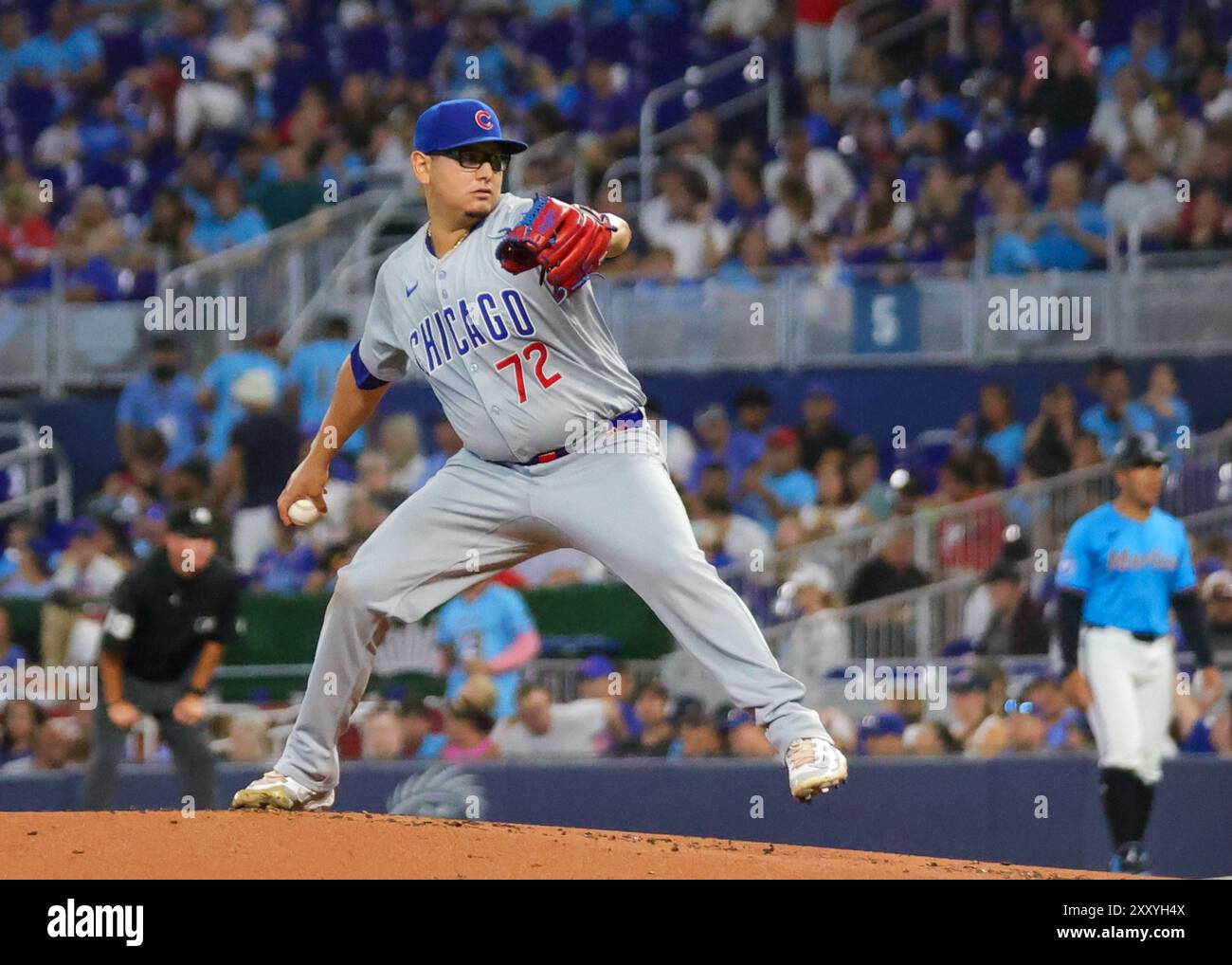 MIAMI, FLORIDA - 25 agosto, Miami Marlins contro Chicago Cubs al Loan Depot Park il 25 agosto 2024 a Miami, Florida. (Foto di Chris Arjoon) Foto Stock