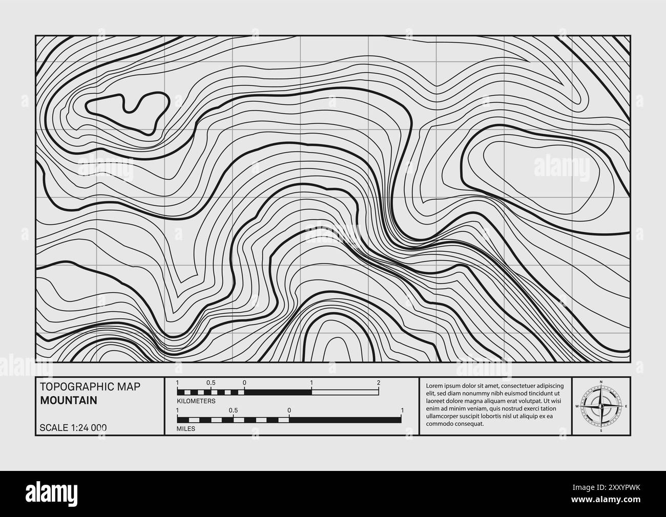 Mappa geografica di rilievo del paesaggio montano contorno, set di poster topografici. Il disegno della linea astratta rappresenta l'elevazione del terreno con uno stile artistico minimalista Illustrazione Vettoriale