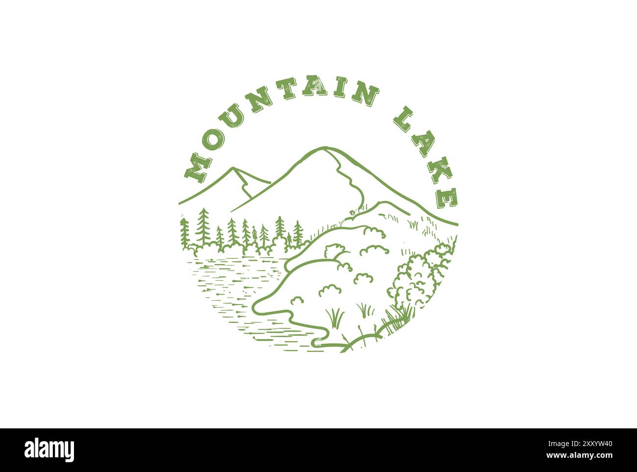 Mountain Pine Forest con Lake River Creek e Island Logo Design Illustrazione Vettoriale