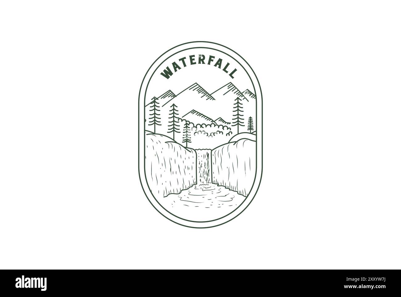 Vintage retro Pine Evergreen Fir Larch Cypress Conifer Trees Forest with Mountain and Waterfall Badge Emblem Label Logo Design Illustrazione Vettoriale