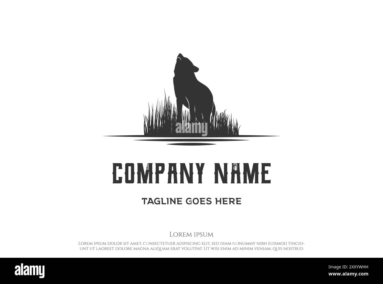 Lupo ulululato d'epoca rétro con logo Savanna in erba Illustrazione Vettoriale