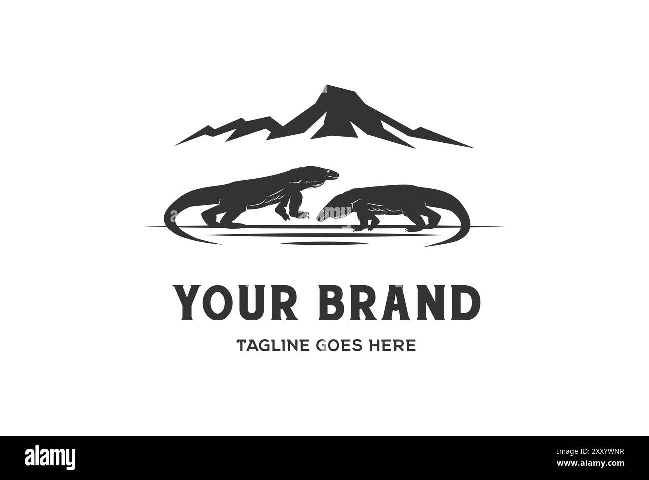 Mountain Island con Giant Komodo Dragon Lizard Logo Design Vector Illustrazione Vettoriale