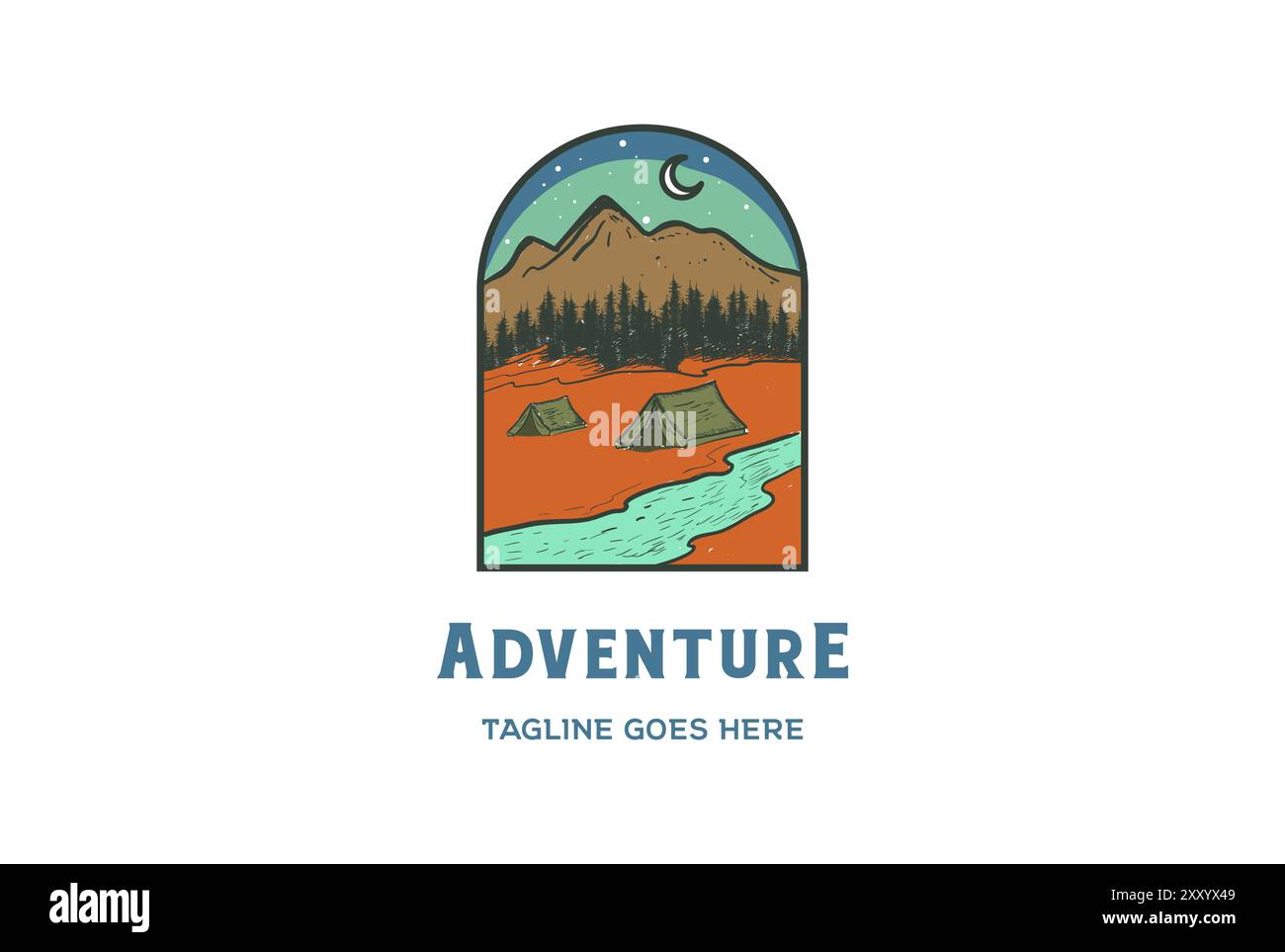 Night Mountain Pine Evergreen Spruce Conifer Fir Larch Cypress Trees Forest with Tent Camp for Adventure Badge Emblem Logo Design Illustrazione Vettoriale