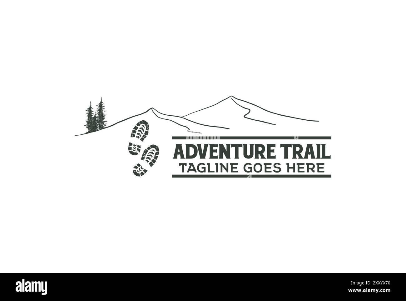 Mountain Pine Evergreen abete Conifer Fir, cipresso con stampa scarpe per escursioni in campeggio Adventure, Logo Design Illustrazione Vettoriale