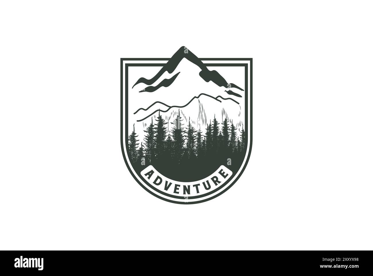 Ice Mountain con Pine Evergreen Spruce Conifer Fir Larch Cypress Trees Forest for Outdoor Adventure Logo Design Illustrazione Vettoriale