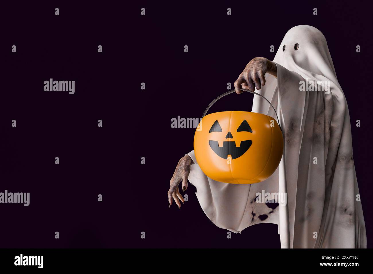 Il fantasma spettrale sta tenendo in mano un cestino di zucche di halloween, pronto per scherzi o dolcetti. rendering 3d. Foto Stock