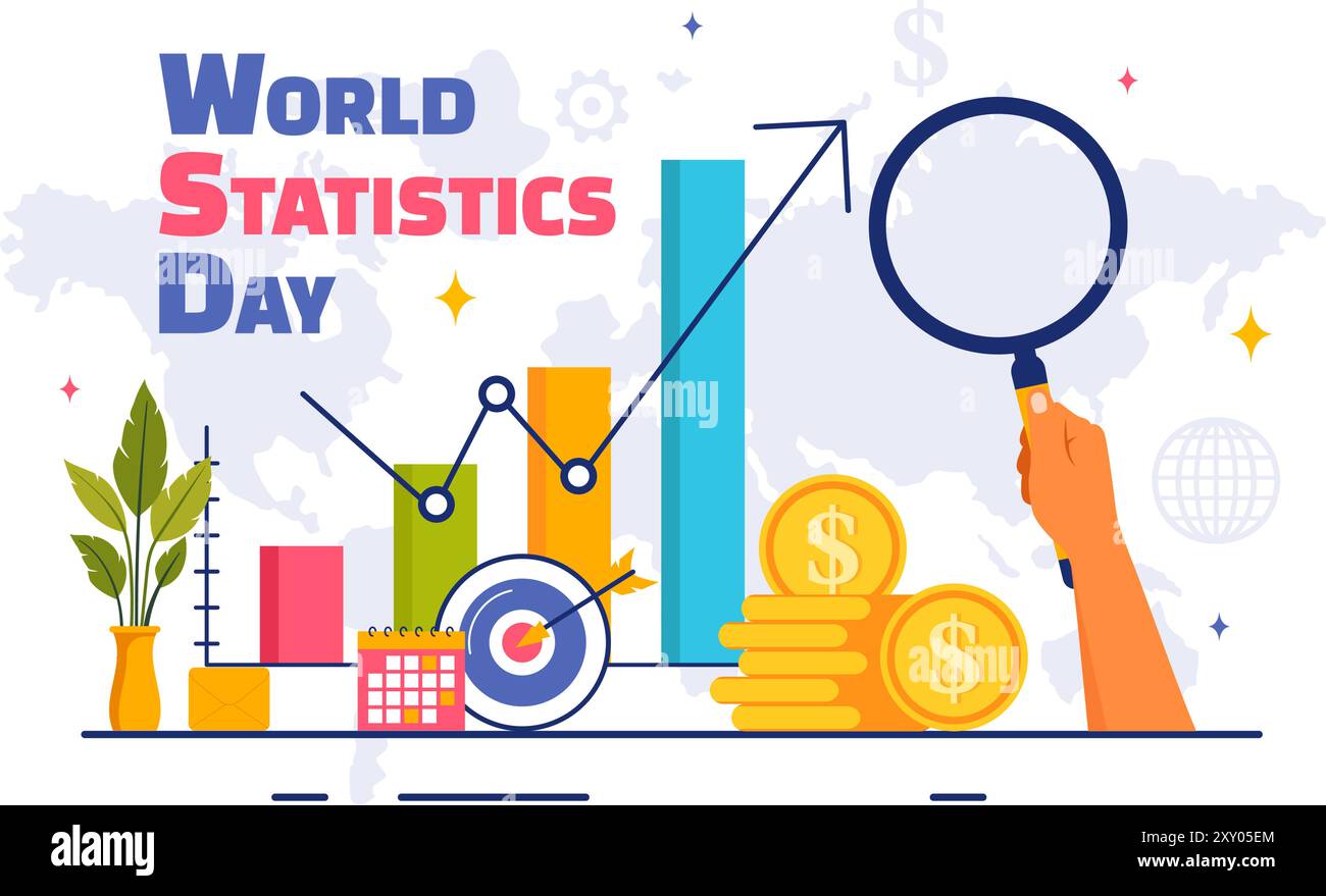 Illustrazione vettoriale della giornata delle statistiche nazionali con calcolo dei dati per la pianificazione socioeconomica e formulazione delle politiche, un background di cartone animato piatto Illustrazione Vettoriale