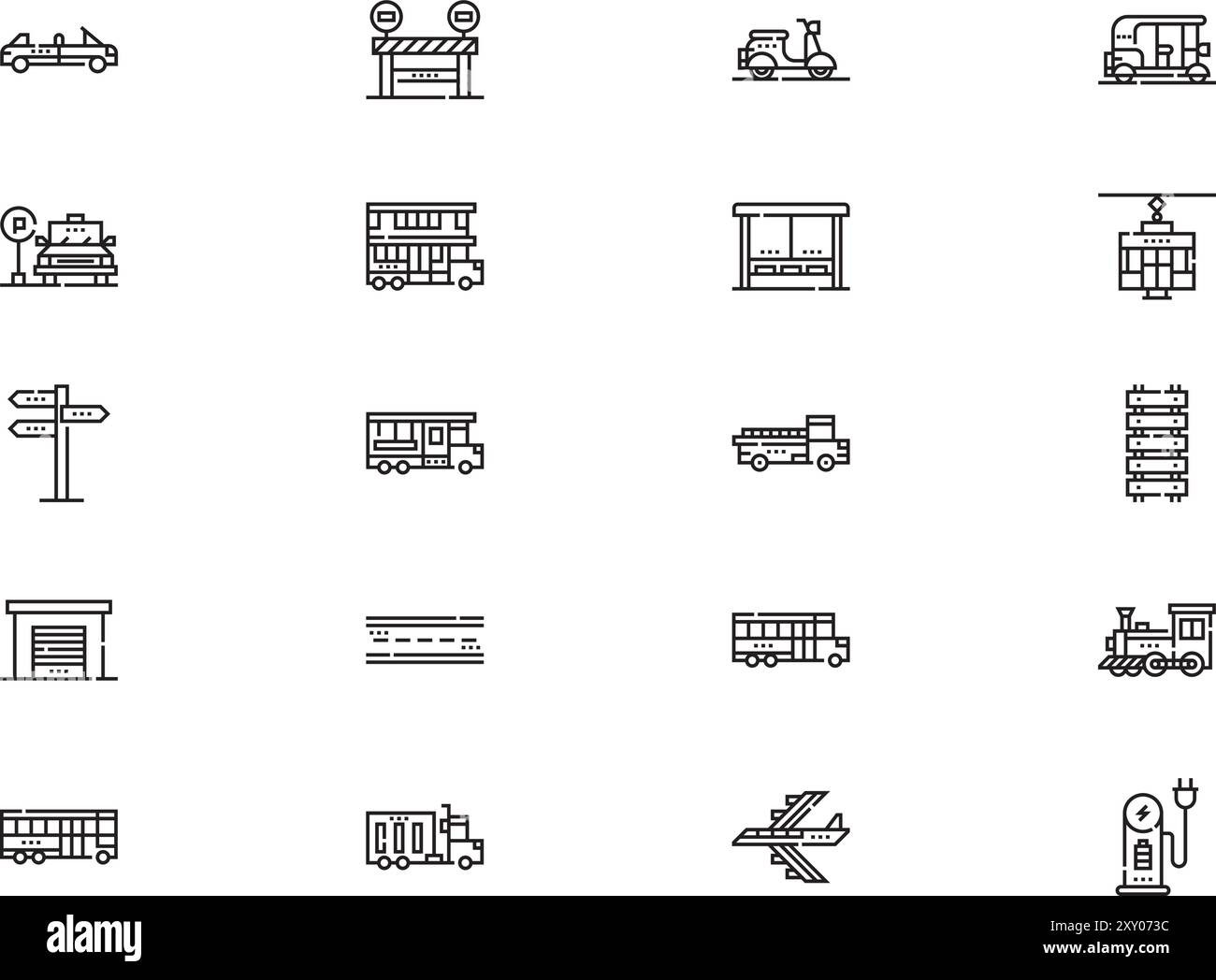 La raccolta delle icone di trasporto è un'illustrazione vettoriale con traccia modificabile. Illustrazione Vettoriale