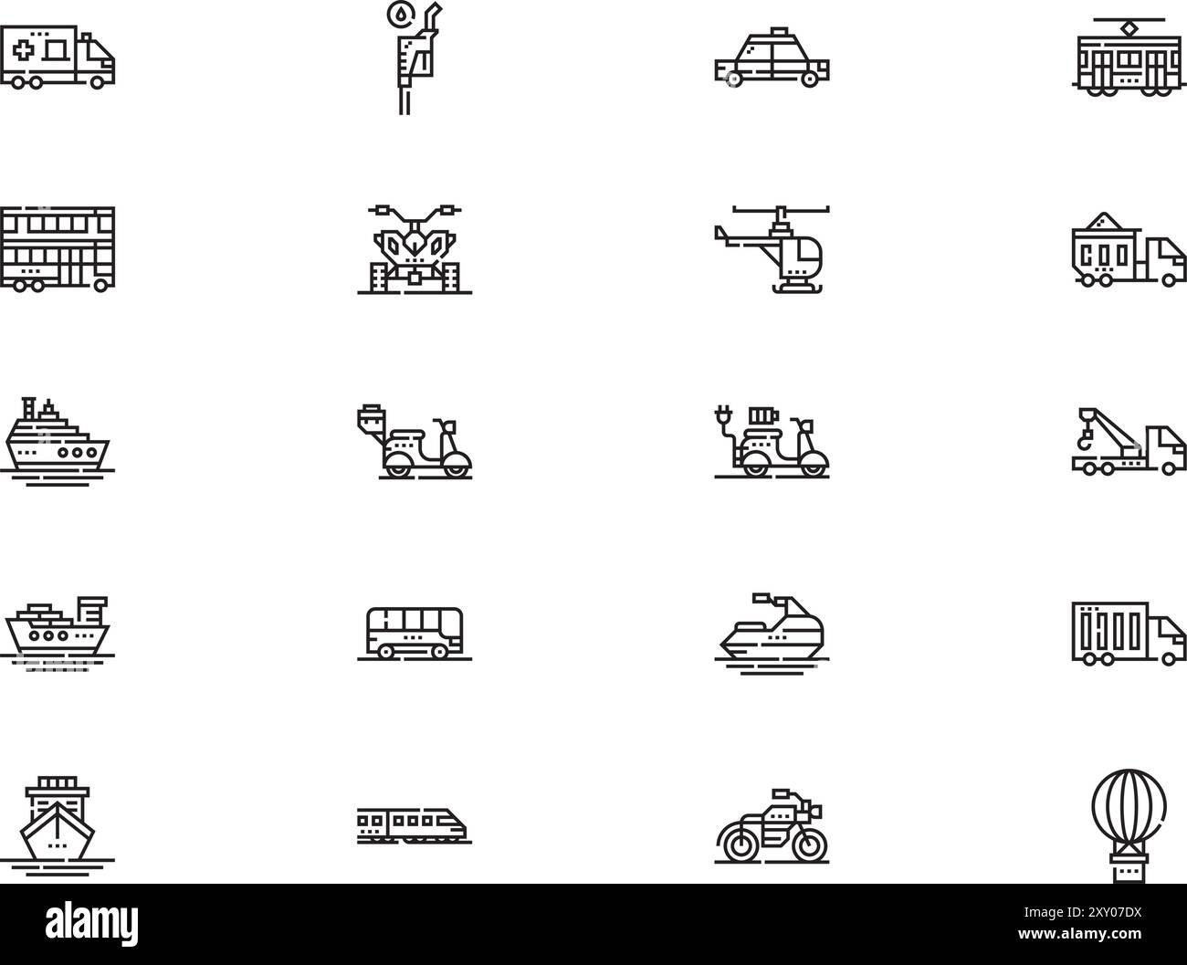 La raccolta delle icone di trasporto è un'illustrazione vettoriale con traccia modificabile. Illustrazione Vettoriale