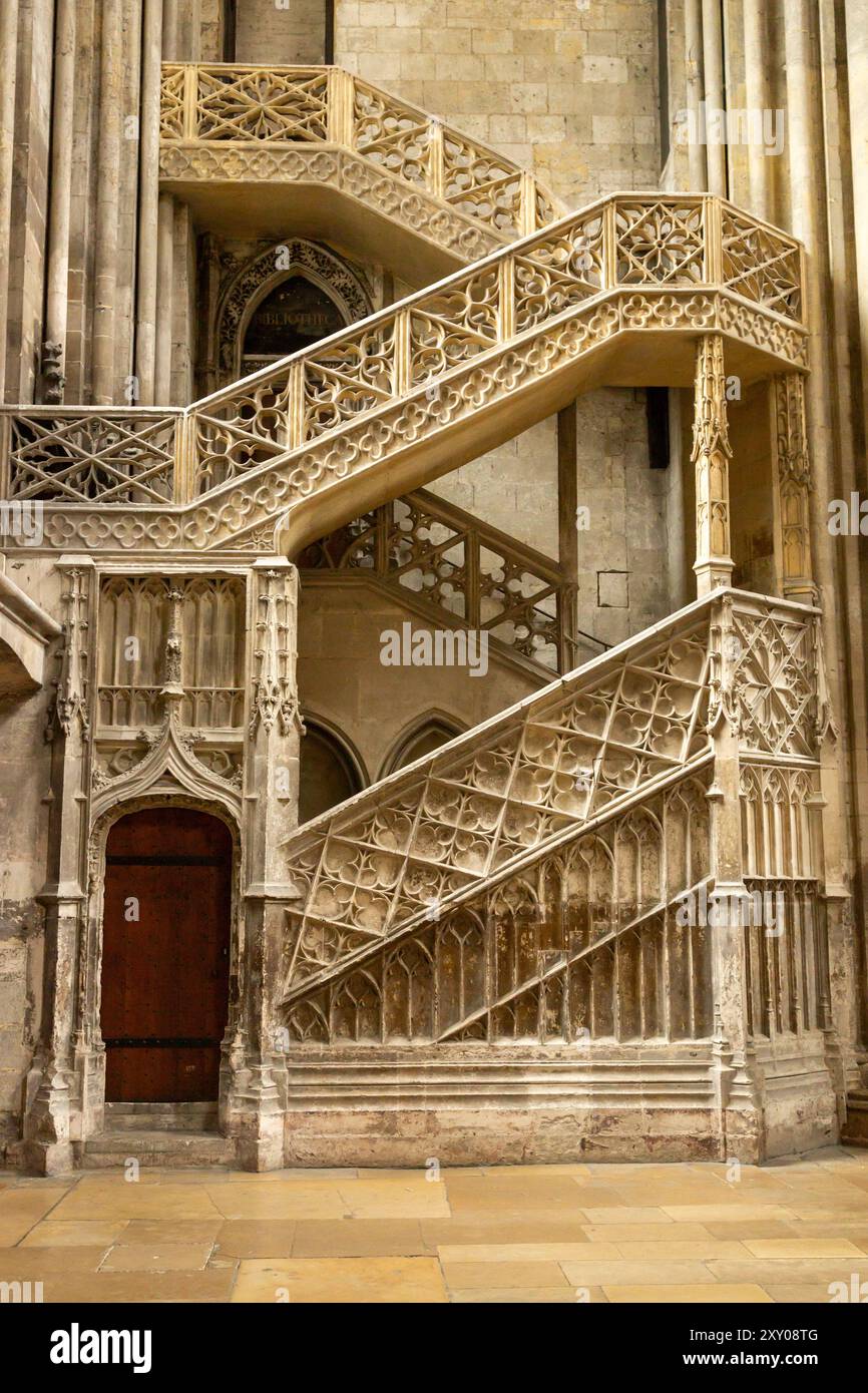 Cattedrale di Notre-dame di Rouen. Scale di librai nel transetto nord croce. La Normandia, Francia Foto Stock