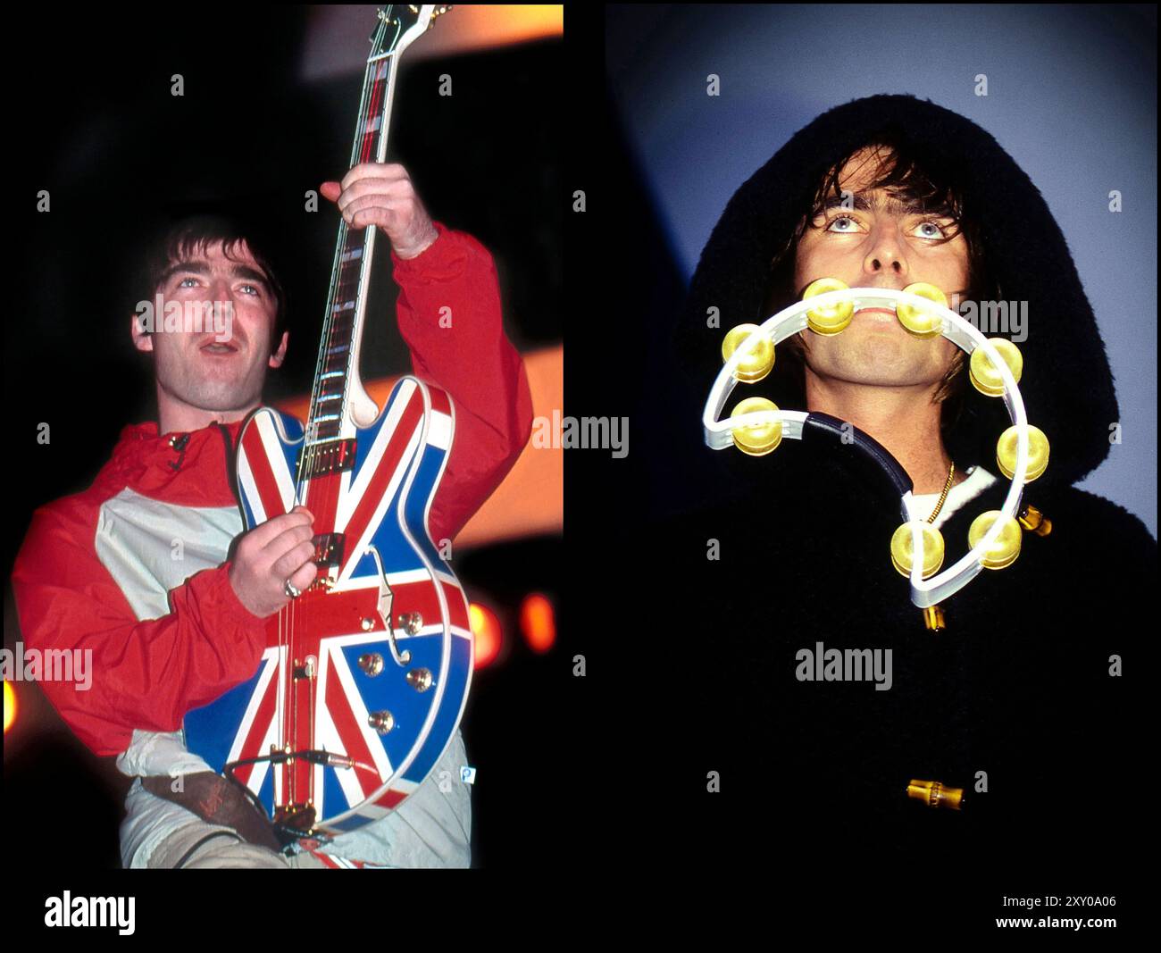 Oasis in concerto. Noel Gallagher (a sinistra) a Maine Road, Manchester e Liam a Balloch Park, Loch Lomond, Scozia Foto Stock