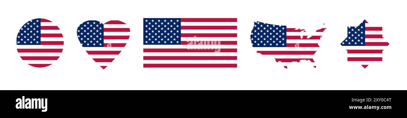 Set di icone con bandiera USA isolate su sfondo bianco. 2024 American Presidential Election Buttons and stickers, USA National Holidays, 4 luglio, Veteran Day Foto Stock