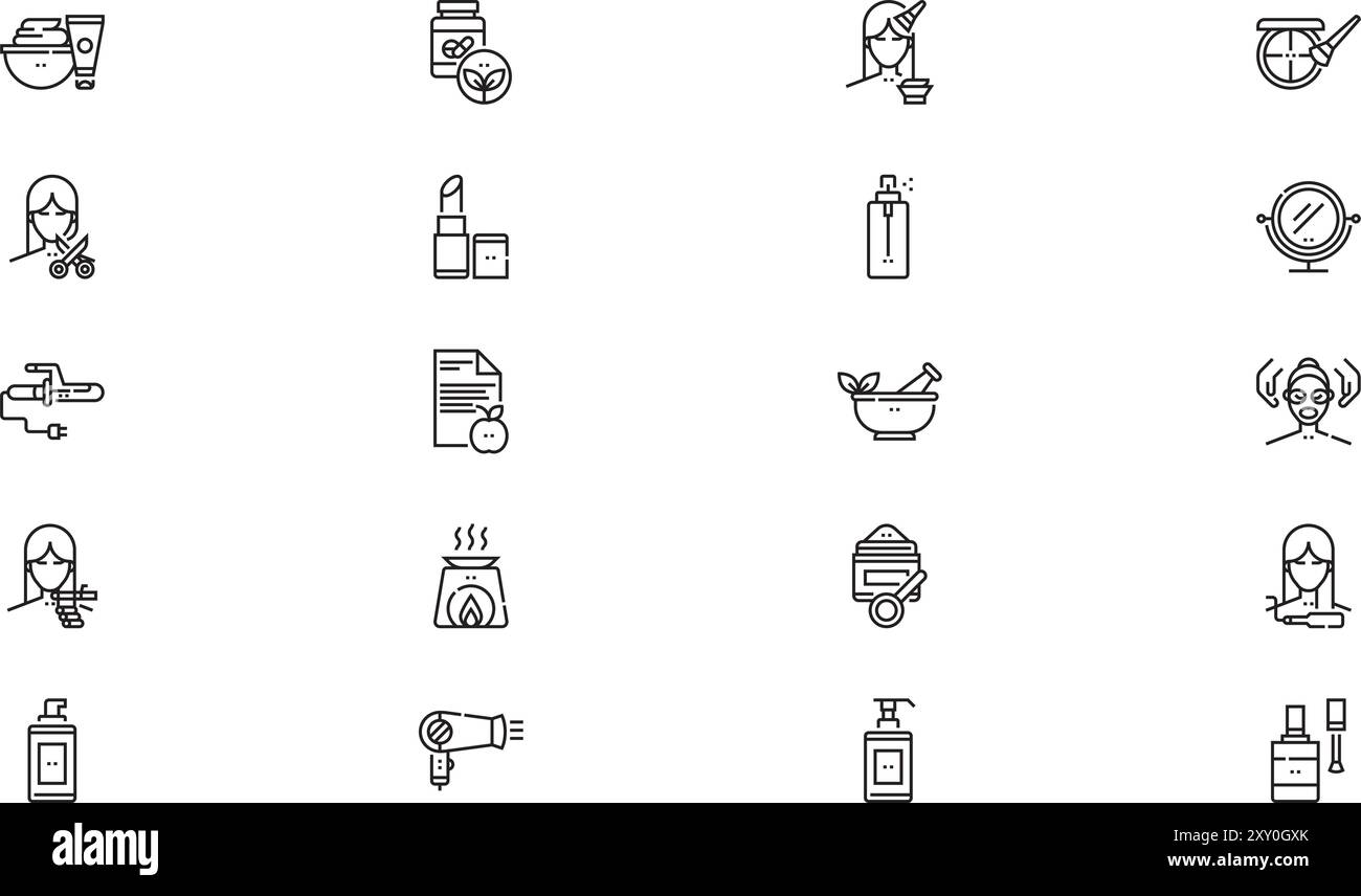 La collezione di icone di bellezza è un'illustrazione vettoriale con tratto modificabile. Illustrazione Vettoriale