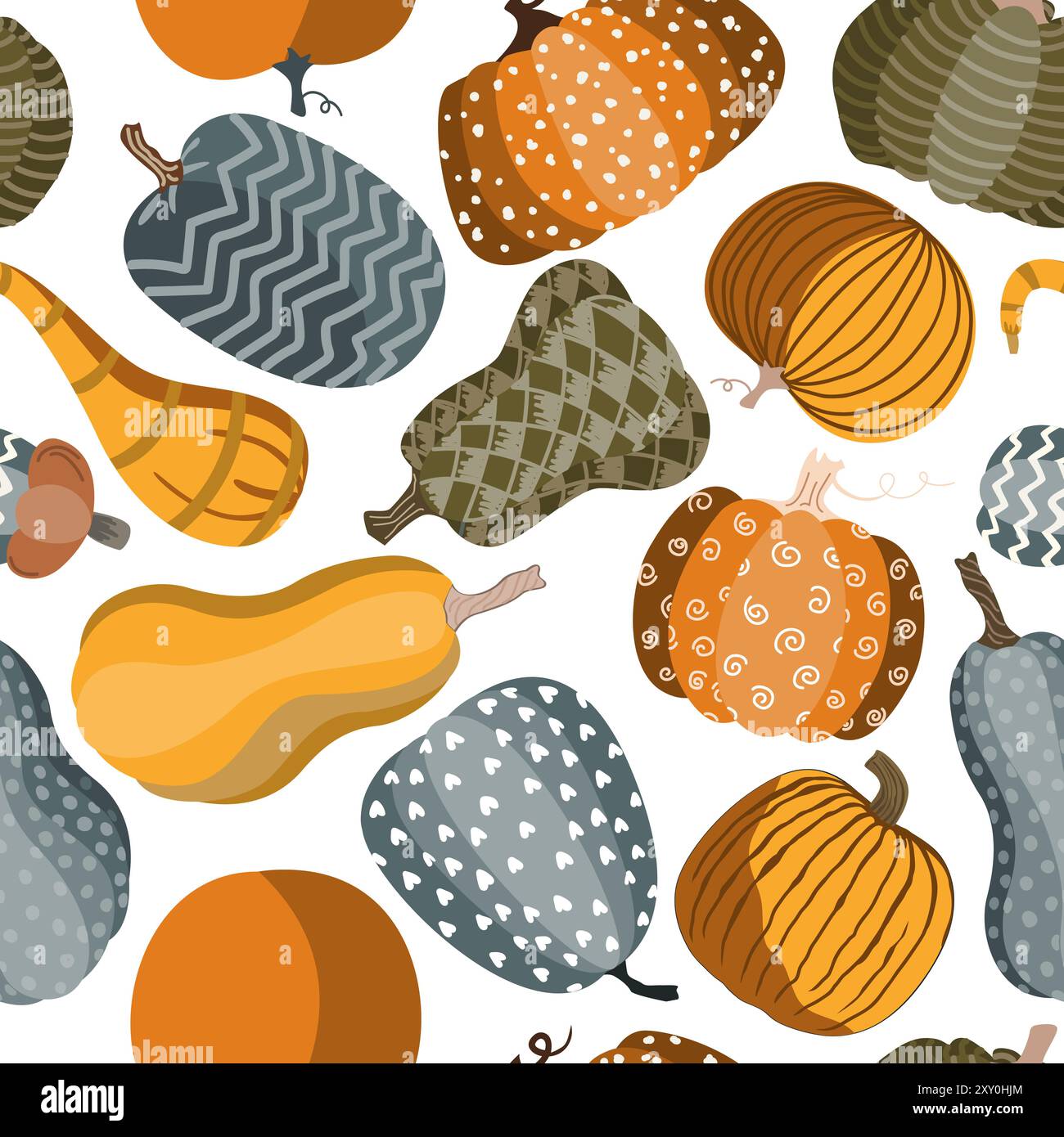 Simpatiche zucche dipinte a doodle motivo senza cuciture. Sfondo del raccolto per Halloween, Autunno o giorno del Ringraziamento. Illustrazione vettoriale Illustrazione Vettoriale