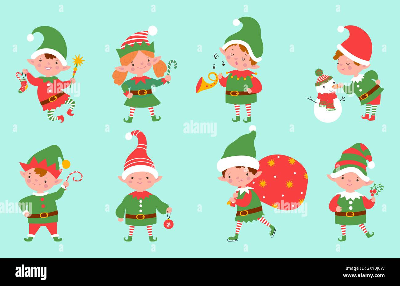 L'elfo di Natale sta lavorando. Le feste, gli elfi con regali caramelle strumenti musicali e decorazioni. I personaggi di babbo Natale sono vettoriali Illustrazione Vettoriale