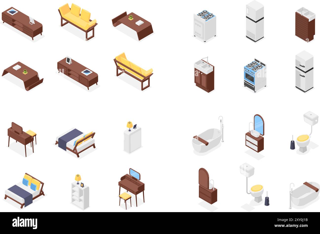 Mobili isometrici per appartamenti 3d. Cucina, bagno, elementi interni del soggiorno e della camera da letto. Divano letto, frigorifero, tavolo, vasca, perfetto set vettoriale Illustrazione Vettoriale