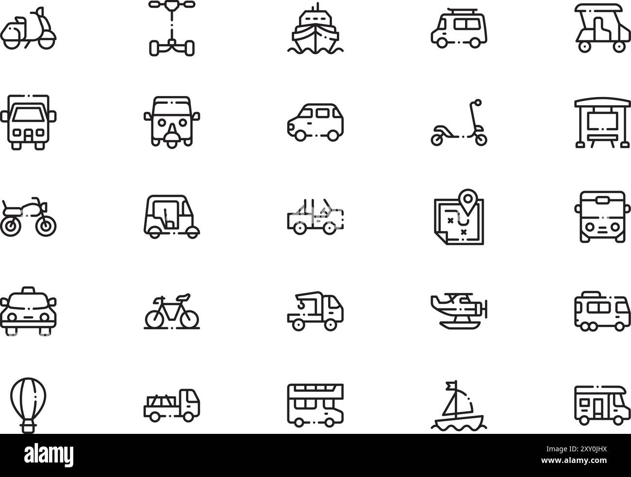 La raccolta delle icone di trasporto è un'illustrazione vettoriale con traccia modificabile. Illustrazione Vettoriale