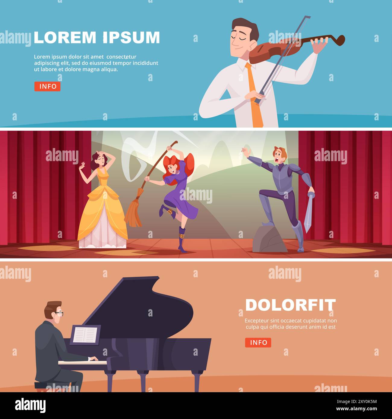 striscioni per il teatro. spettacolo di concerti di musica o balletto sul palcoscenico di attori che interpretano ruoli drammatici, strega cavaliere e principessa Illustrazione Vettoriale