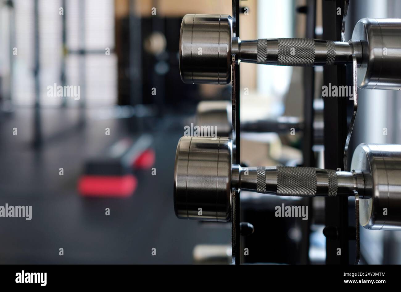 Concentrazione selettiva su una fila di pesi in palestra Foto Stock
