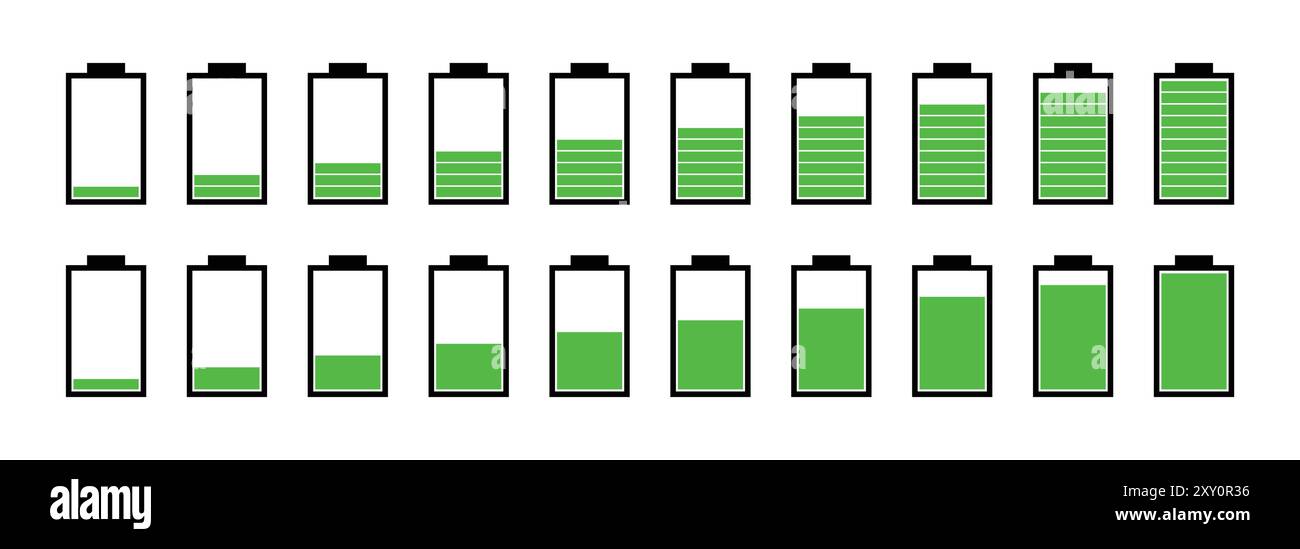 Icona del processo di carica della batteria impostata in verde. Set di icone della batteria. Livello di carica della batteria. Icona di ricarica della batteria in stile moderno. Indicatore di carica Illustrazione Vettoriale