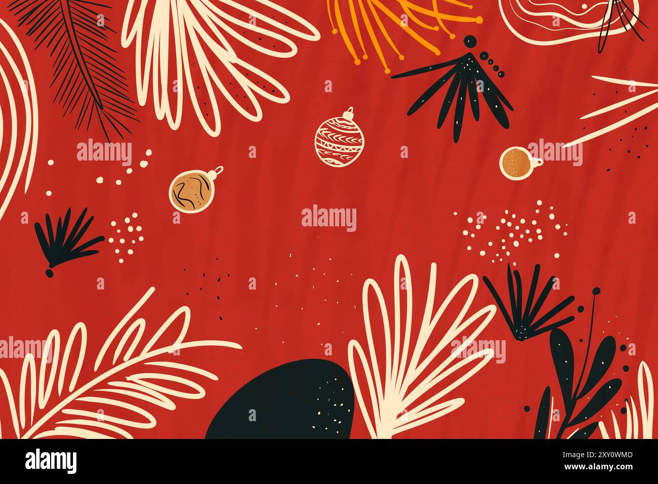 Cartolina di Natale astratta con ornamenti festivi e fogliame tropicale su sfondo rosso, ideale per i saluti natalizi. Foto Stock