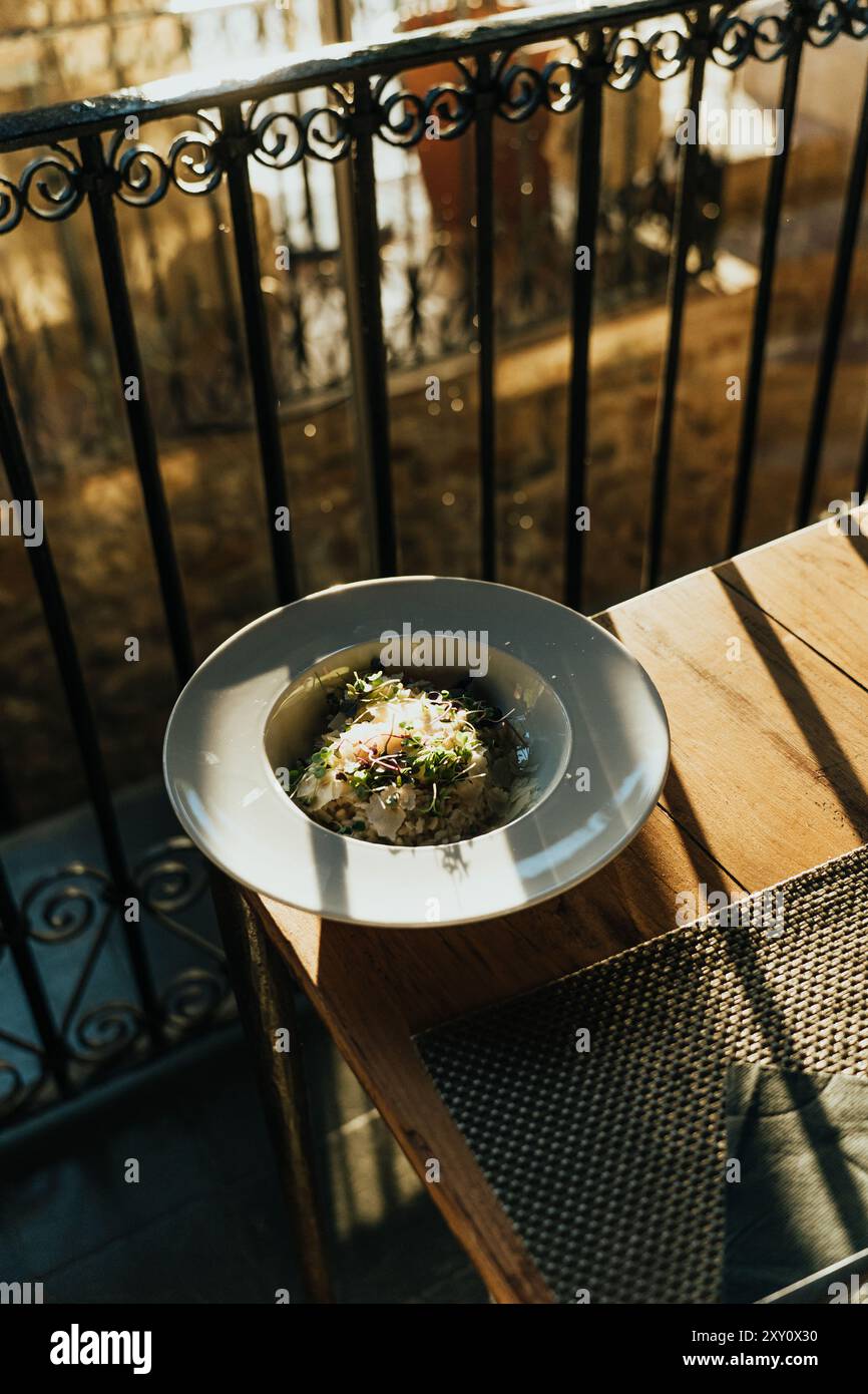 Un piatto gourmet splendidamente presentato su un piatto bianco, posizionato su un tavolo di legno contro una ringhiera del balcone in ferro battuto, inondato dalla calda luce del sole Foto Stock