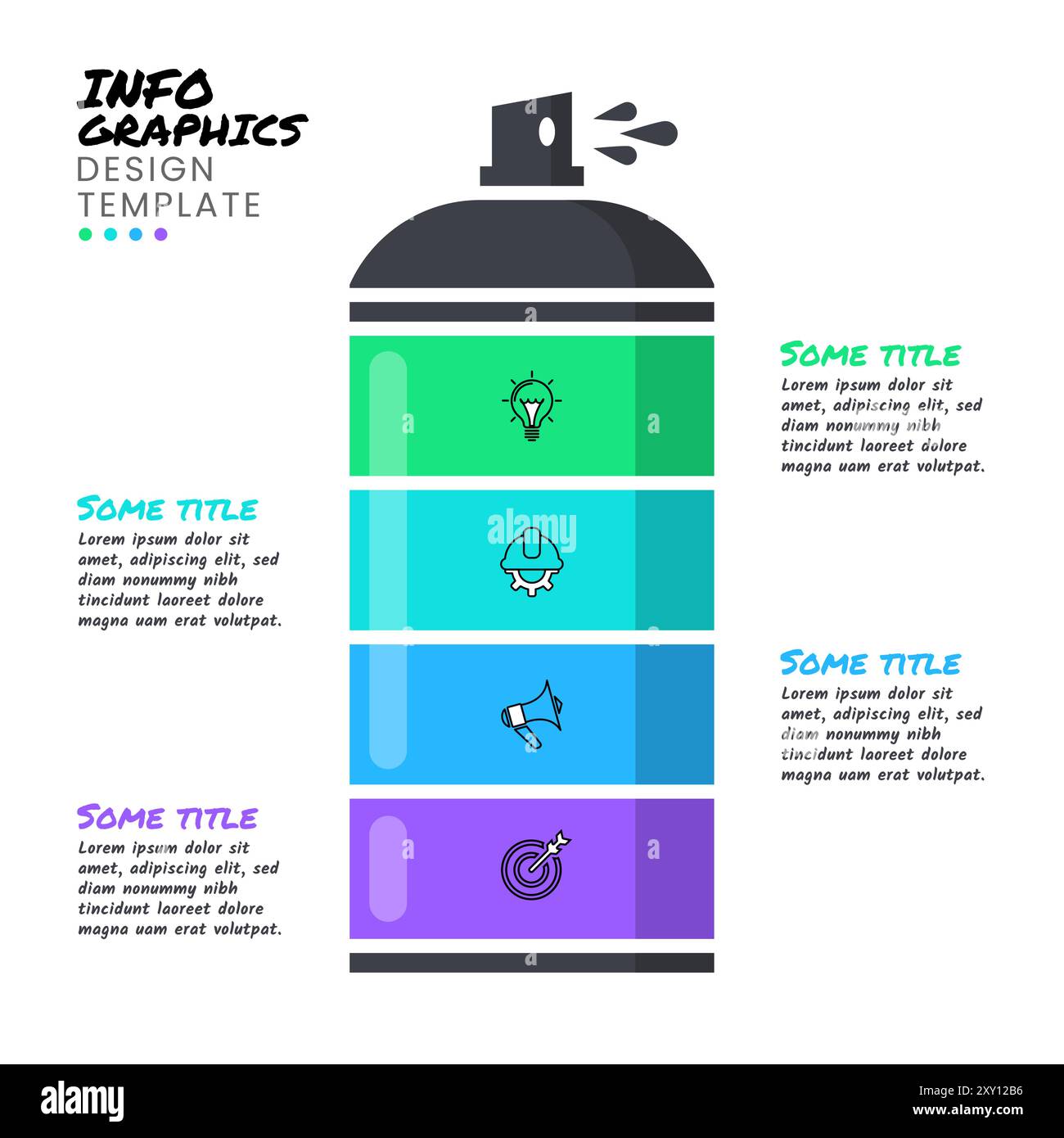 Modello infografico con icone e 4 opzioni o passaggi. Spray colorante. Può essere utilizzato per layout del flusso di lavoro, diagrammi, banner, webdesign. Illustrati vettoriali Illustrazione Vettoriale
