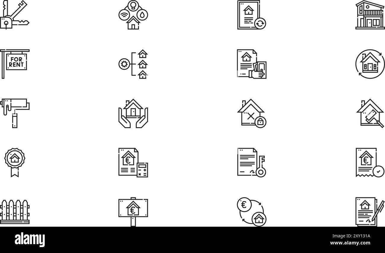 La collezione di icone per il noleggio di case è un'illustrazione vettoriale con tratto modificabile. Illustrazione Vettoriale