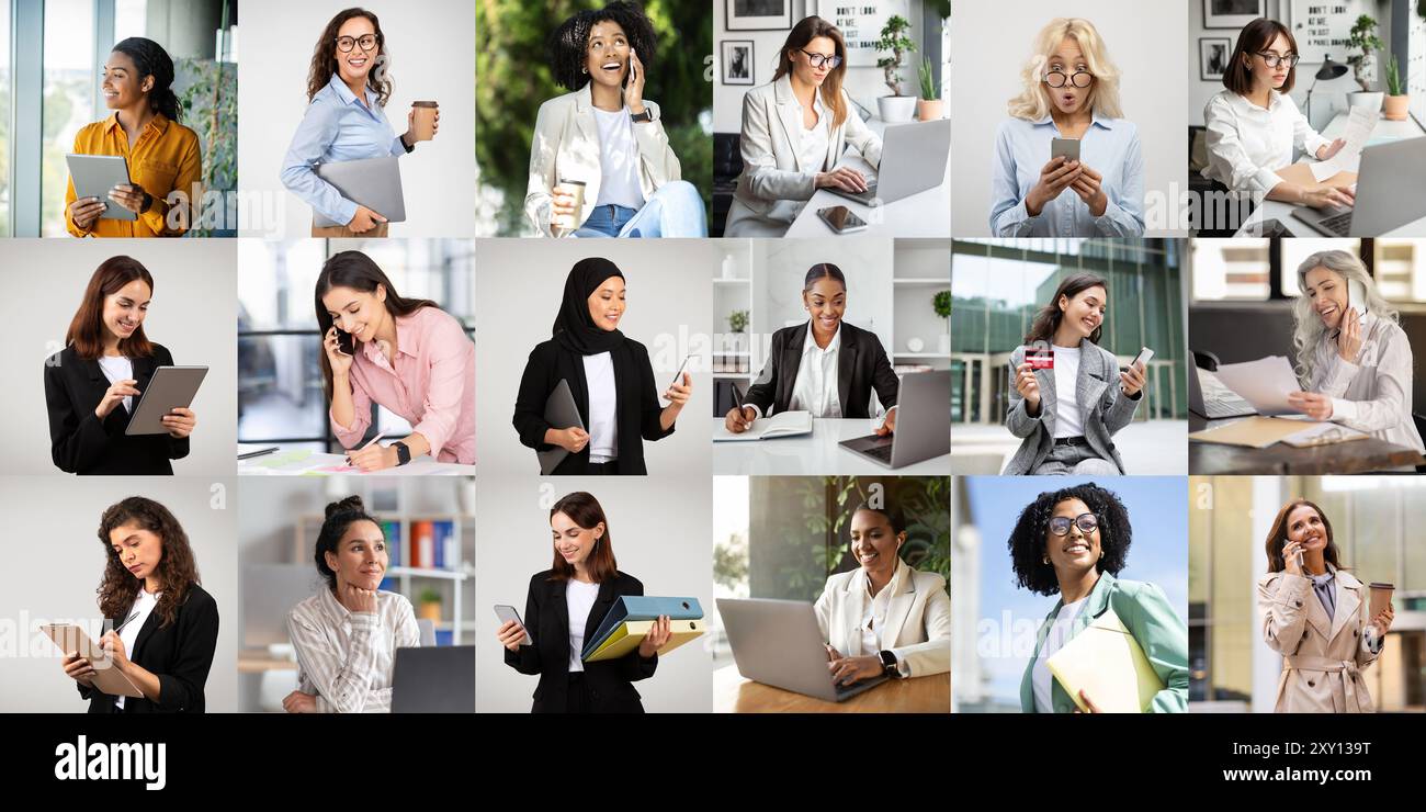 Donne impegnate in varie attività professionali in ambienti di ufficio moderni Foto Stock