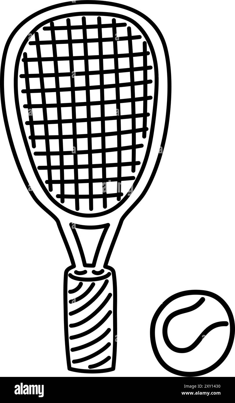 Semplice illustrazione in bianco e nero di una racchetta e di una palla da tennis. Adatto per progetti sportivi, materiali didattici, pagine da colorare e Grap Illustrazione Vettoriale