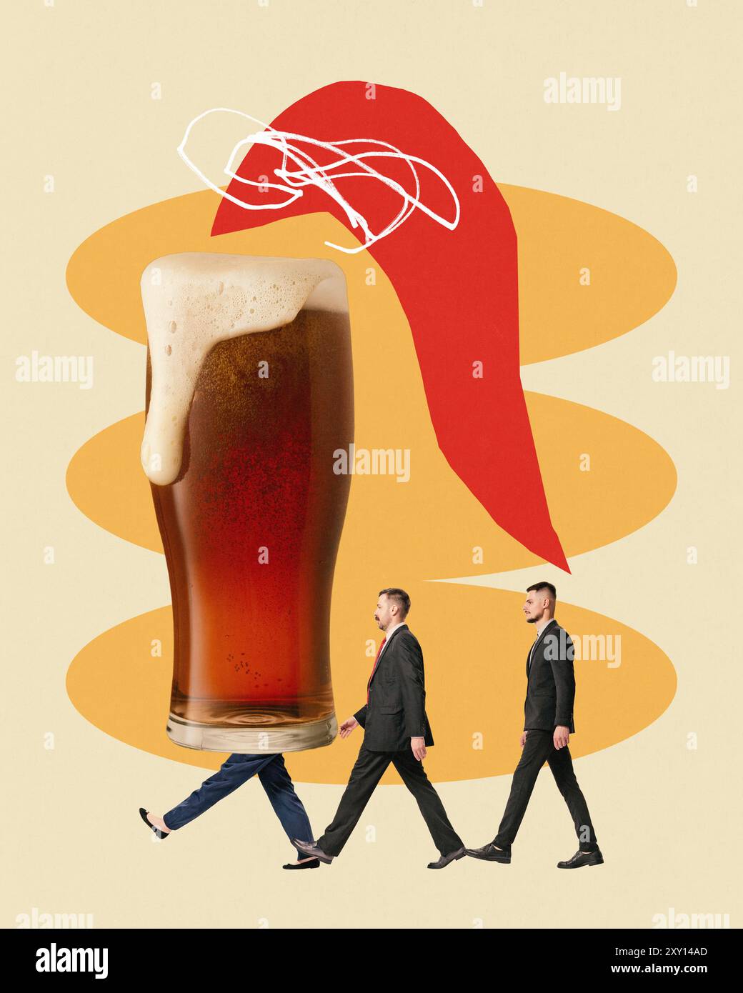 Poster. Collage d'arte contemporanea. Tre uomini d'affari seguono una pinta gigante di birra con il cappello di Babbo Natale, mescolando l'allegria natalizia con l'umorismo. Concetto di Foto Stock