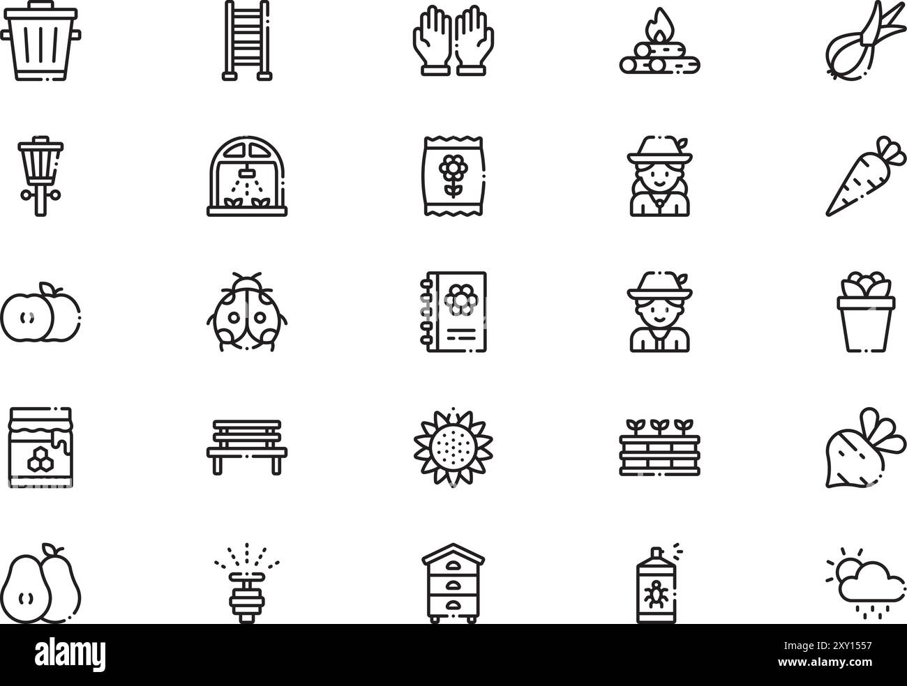 La raccolta di icone di giardinaggio è un'illustrazione vettoriale con tratto modificabile. Illustrazione Vettoriale