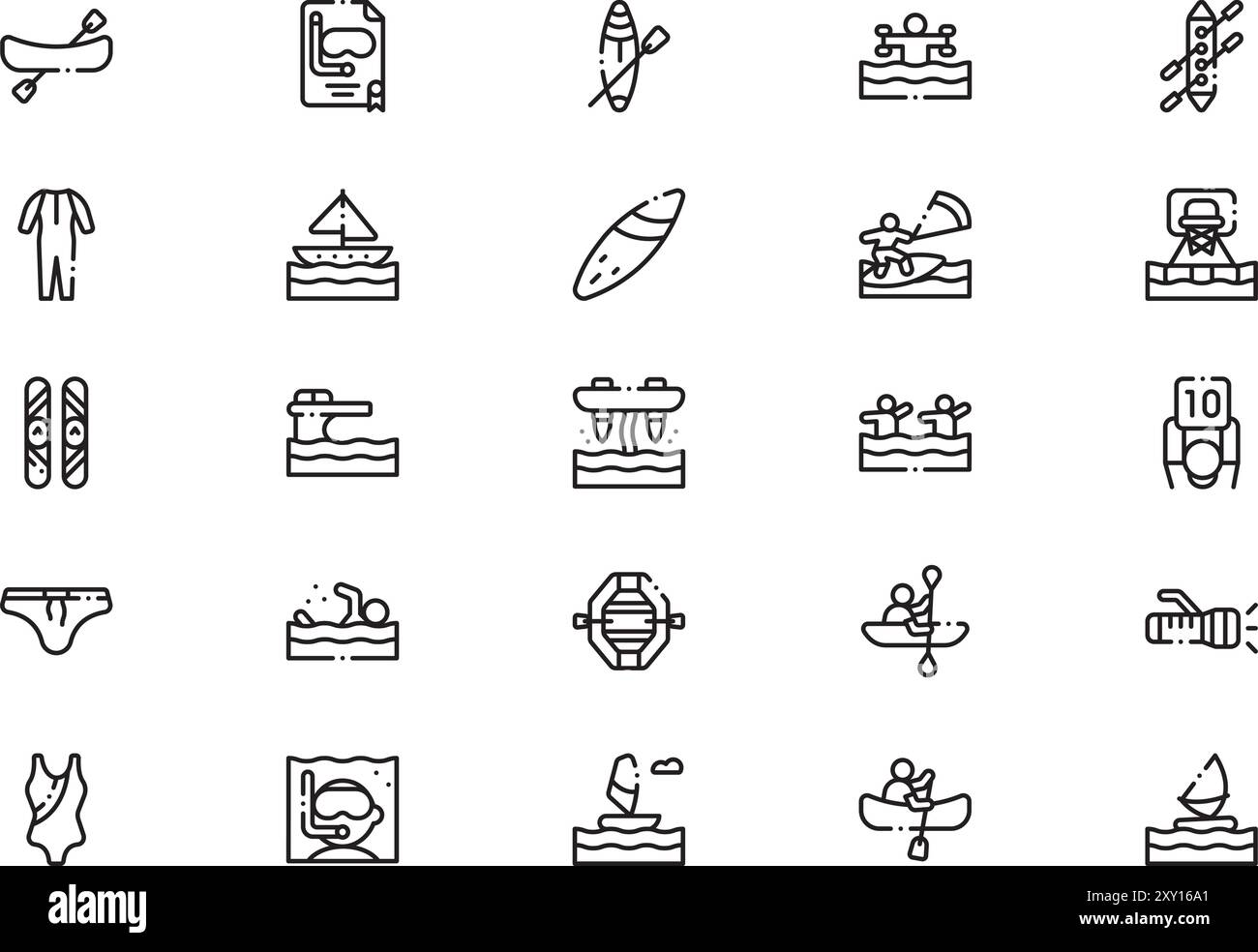 La raccolta delle icone degli sport acquatici è un'illustrazione vettoriale con traccia modificabile. Illustrazione Vettoriale